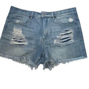 Tricot Denim Distressed Shorts Mid rise raw hem acid light wash summer vacation